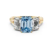 Fancy Blue Emerald Cut Diamond Three-Stone Ring Set in Yellow gold with Braided Band