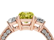 Fancy Yellow Emerald Cut Diamond Three-Stone Ring Set in Rose gold with Round Side Stones and Pavé Band