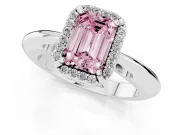 Fancy Pink Emerald Cut Diamond Halo Engagement Ring Set in White gold with Plain Split Shank and Prong Setting