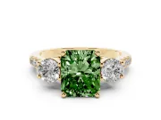 Fancy Green Three-Stone Radiant Cut Diamond Pavé Band Ring Set in Yellow gold with Prong-Set Trio