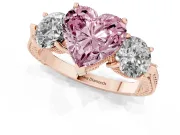 Fancy Pink Heart Cut Diamond Three-Stone Ring Set in Rose gold with Milgrain Band
