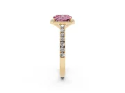 Fancy Pink Radiant Cut Diamond Halo Engagement Ring Set in Yellow gold with Pavé Band and Prong Setting