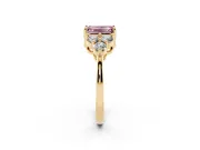 Fancy Pink Emerald Cut Diamond Solitaire Ring Set in Yellow gold with Cluster Accents on Each Side