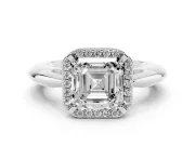 Asscher Cut Diamond Halo Engagement Ring Set in White gold with Plain Split Shank and Prong Setting