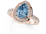 Fancy Blue Pear Cut Diamond Halo Ring Set in Rose gold with Bezel Frame and Pavé Band