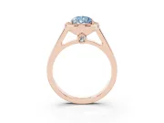 Fancy Blue Pear Cut Diamond Halo Solitaire Ring Set in Rose gold with Pavé Band and Bezel Setting
