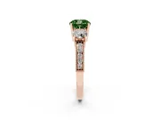 Fancy Green Cushion Cut Diamond Three-Stone Ring Set in Rose gold with Round Side Stones and Pavé Band