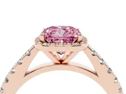 Fancy Pink Cushion Cut Diamond Halo Engagement Ring Set in Rose gold with Pavé Band and Prong Setting