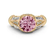 Fancy Pink Round Cut Diamond Vintage-Inspired Milgrain Ring Set in Yellow gold with Accent Split Shank