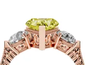 Fancy Yellow Heart Cut Diamond Three-Stone Ring Set in Rose gold with Milgrain Band