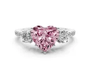 Heart-Shaped Three Stone Engagement Ring Setting for a Fancy Pink Lab-Grown Diamond | Pave Shoulders | Sterling Silver