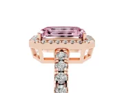 Fancy Pink Emerald Cut Diamond Halo Ring Set in Rose gold with Delicate Pavé Band and Prong Setting