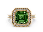 Asscher Cut Milgrain Halo Engagement Ring Setting for a Fancy Green Lab-Grown Diamond | Yellow Gold