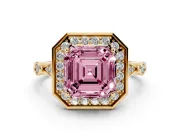 Asscher Cut Halo Engagement Ring Setting for a Fancy Pink Lab-Grown Diamond | Bezel Station Shoulders | Yellow Gold