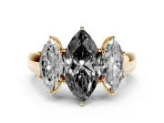 Fancy Black Three-Stone Marquise Cut Diamond Ring Set in Yellow gold with Matching Prong Settings and Plain Band