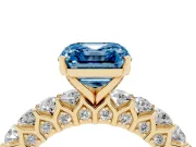 Fancy Blue Asscher Cut Diamond Solitaire Ring Set in Yellow gold with Shared Prong Pavé Band