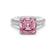 Fancy Pink Asscher Cut Diamond Split Shank Pavé Engagement Ring Set in Platinum with Prong-Set Center Stone