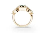 Cushion Cut Three Stone Halo Engagement Ring Setting for a Fancy Green Lab-Grown Diamond | Bezel Set | Yellow Gold
