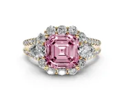 Fancy Pink Asscher Cut Diamond Halo Split Shank Engagement Ring Set in Yellow gold with Prong-Held Center Stone