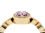 Fancy Pink Oval Cut Diamond Vintage-Inspired Milgrain Ring Set in Yellow gold with Marquise Stations of Round Accents