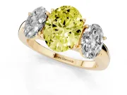 Fancy Yellow Oval Cut Diamond Three-Stone Ring Set in Yellow gold with Bold Center and Classic Band