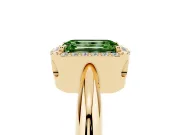 Fancy Green Emerald Cut Diamond Halo Engagement Ring Set in Yellow gold with Plain Split Shank and Prong Setting