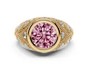 Fancy Pink Round Cut Diamond Bezel Ring Set in Yellow gold with Milgrain Accent Band