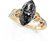 Fancy Black Marquise Cut Diamond Solitaire Leaf-Inspired Ring Set in Yellow gold with Pavé Band and Prong Setting