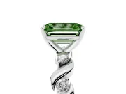 Fancy Green Emerald Cut Diamond Solitaire Ring Set in Platinum with Ribbon Twist Band, Round Accents and Prong Setting