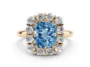 Radiant Cut Cluster Halo Engagement Ring Setting for a Fancy Blue Lab-Grown Diamond | Large Round Accents | Yellow Gold