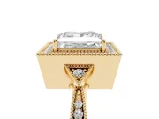 Princess Cut Diamond Halo Engagement Ring Set in Yellow gold with Milgrain Pavé Band
