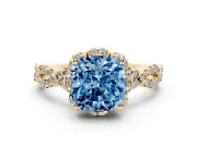 Fancy Blue Cushion Cut Diamond Halo Twist Band Solitaire Ring Set in Yellow gold with Prong-Set Center Stone