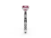 Fancy Pink Asscher Cut Diamond Solitaire Ring Set in Platinum with Milgrain and Black Enamel X Pattern Band