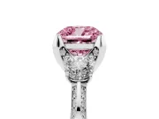 Cushion Cut Hidden Halo Three Stone Engagement Ring Setting for a Fancy Pink Lab-Grown Diamond | Pave Gallery | Platinum