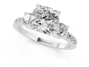 Cushion Cut Three Stone Pavé Engagement Ring Setting | Round Side Stones | White Gold