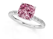 Fancy Pink Cushion Cut Diamond Pavé Band Ring Set in White gold with Prong-Set Center Stone