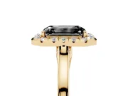 Fancy Black Emerald Cut Halo Round Diamond Solitaire Ring Set in Yellow gold with Pavé Band and Prong Setting