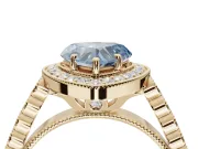 Fancy Blue Heart-Shaped Lab-Grown Diamond Milgrain Halo Solitaire Ring Set in Yellow Gold with Bezel Set Side Stones and Pavé Band