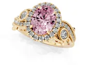 Fancy Pink Oval Cut Diamond Halo Ring Set in Yellow gold with Milgrain Pavé Band and Prong Setting