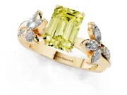 Fancy Yellow Emerald Cut Diamond Floral Vine Solitaire Engagement Ring Set in Yellow gold with Marquise Leaves