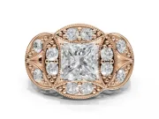 Princess Cut Vintage Floral Halo Engagement Ring Setting | Engraved Milgrain Band | Rose Gold