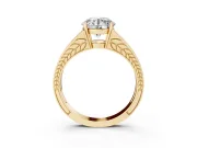 Round Cut Diamond Split Shank Ring Set in Yellow gold with Pavé Band and Prong Setting