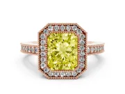 Fancy Yellow Radiant Cut Diamond Halo Engagement Ring Set in Rose gold with Pavé Band and Round Halo Stones