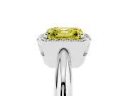 Fancy Yellow Asscher Cut Diamond Halo Engagement Ring Set in Platinum with Plain Split Shank and Prong Setting