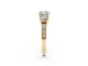 Cushion Cut Diamond Three-Stone Ring Set in Yellow gold with Round Side Stones and Pavé Band