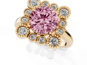 Round Milgrain Cluster Halo Engagement Ring Setting for a Fancy Pink Lab-Grown Diamond | Plain Band | Yellow Gold