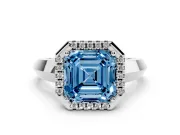 Fancy Blue Asscher Cut Diamond Halo Ring Set in Platinum with Cathedral Band and Prong Setting