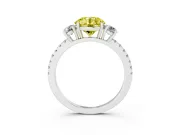 Fancy Yellow Round Cut Diamond Three-Stone Ring Set in White gold with Pavé Band and Graduated Sides