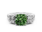 Cushion Cut Three Stone Engagement Ring Setting for a Fancy Green Lab-Grown Diamond | Accented Shoulders | Platinum
