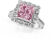Fancy Pink Princess Cut Diamond Halo Milgrain Pavé Ring Set in Silver with Prong Setting